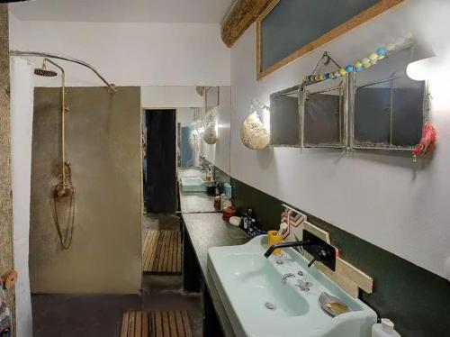 een badkamer met een wastafel en een douche bij Ardeche Nature 
