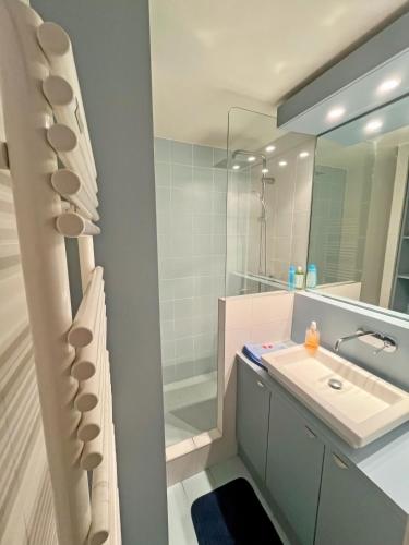une salle de bain avec un lavabo et une douche dans l'établissement Apt Golfe Juan - 5min des plages - Parking privée - Piscine Rooftop, à Vallauris