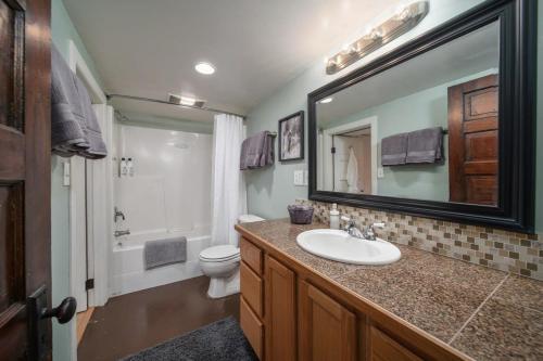 a bathroom with a sink and a toilet and a mirror at #StayinMyDistrict Pendelton Place Walk to Mt Tabor in Portland