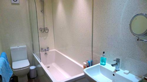 a bathroom with a sink and a tub and a toilet at Butterside Cottage in Burtersett near Hawes in Hawes