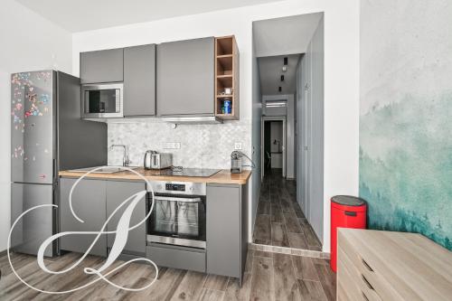 Il comprend une cuisine avec des appareils en acier inoxydable et du parquet. dans l'établissement Oasis, superbe appart 3 chambres à Paris 15ème, à Paris