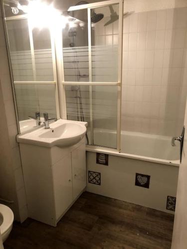 une salle de bain avec un lavabo, une douche et des toilettes dans l'établissement Chez Martiniere, à Bagnères-de-Bigorre