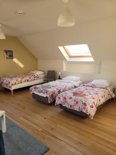 a bedroom with two beds and a skylight at B&B Molen Ter Walle in Geraardsbergen