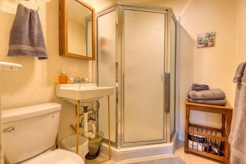 a bathroom with a shower and a toilet and a sink at #StayinMyDisctrict Historic Heritage House Apt in Coos Bay