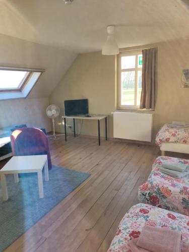 a living room with a couch and a table at B&B Molen Ter Walle in Geraardsbergen