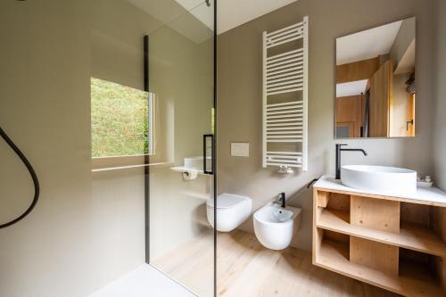 La salle de bains est pourvue de toilettes, d'un lavabo et d'une douche. dans l'établissement aMa Dolomiti Resort, à Vigo di Cadore