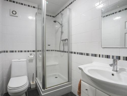 een badkamer met een douche, een toilet en een wastafel bij Waters Edge Ymyl Y Dwr in Y Felinheli