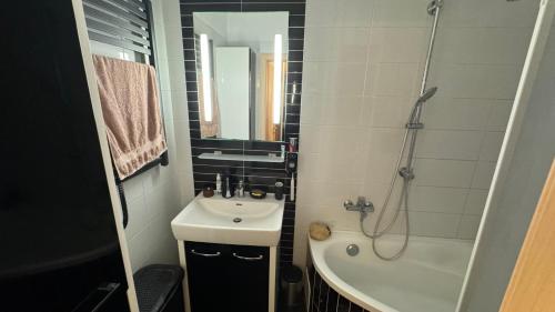 bagno con lavandino, doccia e vasca di Parkside Modern Haven in Košice a Košice