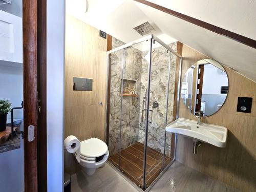 a bathroom with a shower and a toilet and a sink at Casa Semeria Certosa di Padula(SA) in Padula