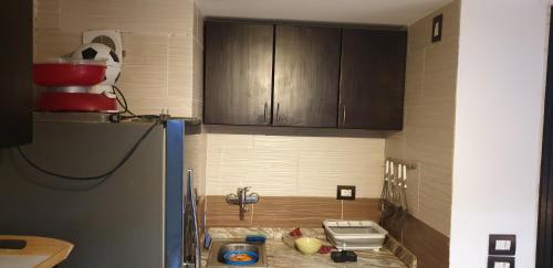 a kitchen with a refrigerator and wooden cabinets at Tulip elite in Ain Sokhna