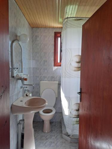 W łazience znajduje się toaleta, umywalka i prysznic. w obiekcie Sunset terrace w mieście Ilinden