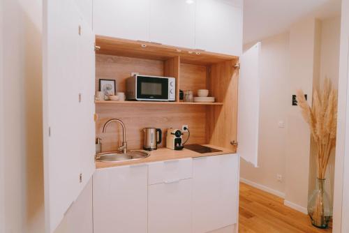 a kitchen with a sink and a microwave at Apparts' Rennes BnB Duhamel- Centre Gare in Rennes