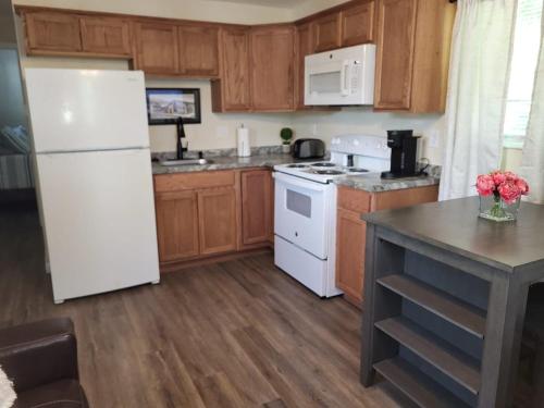 a kitchen with a white refrigerator and wooden cabinets at City Scape Homey 1 BR efficiency Apt near TTU and downtown in Cookeville