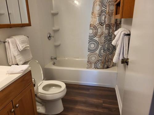 y baño con aseo y cortina de ducha. en Welcome Home to this 2 bedroom 1 bath apartment near TTU, en Cookeville