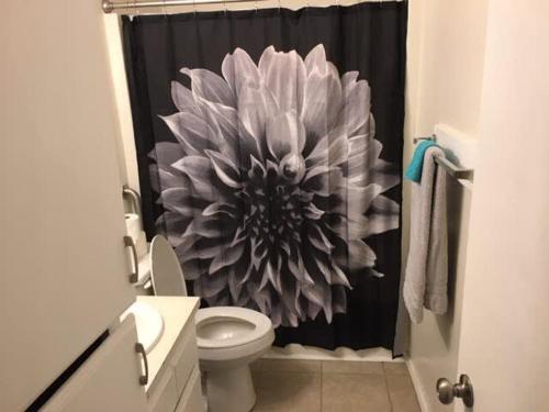 a bathroom with a shower curtain with a flower on it at Two-bed one-bath downstairs close to Fort Sill! in Lawton