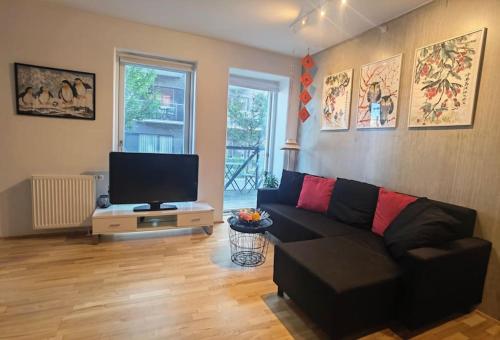 salon z czarną kanapą i telewizorem z płaskim ekranem w obiekcie Very Central, Very Modern w mieście Aarhus