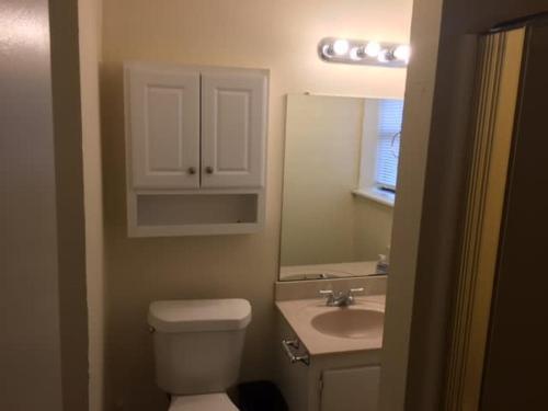 a bathroom with a toilet and a sink and a mirror at Be comfortable in a house close to base in Lawton