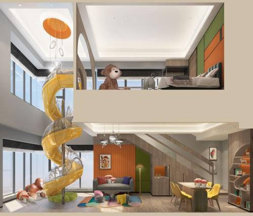 a living room with a loft bed with a teddy bear on it at MUSTEL Hotel Guangzhou Nansha in Guangzhou