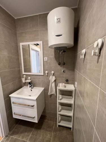 uma casa de banho com um lavatório e um espelho em Mirabela Apartman Sokobanja em Sokobanja
