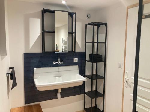 ein Bad mit einem Waschbecken und einem Spiegel in der Unterkunft L’atelier du bricoleur in Marckolsheim