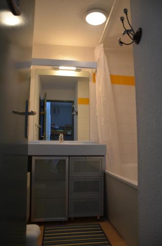 une salle de bain avec un lavabo, une baignoire et un miroir dans l'établissement appartement avec parking interieur drap non fourni, à Saint-François-Longchamp