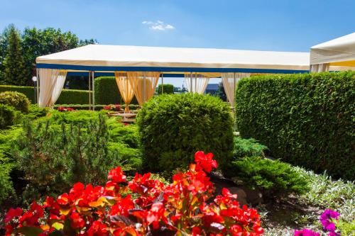 un cenador en un jardín con flores rojas en Conference Hotel Suputnyk, en Leópolis