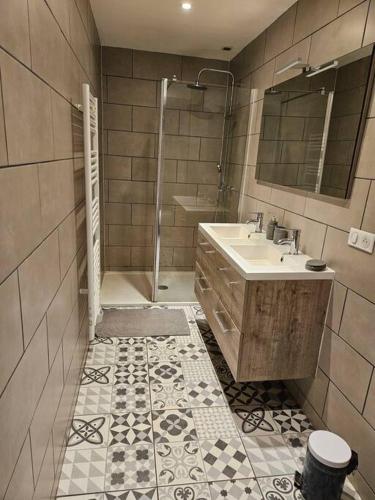 une salle de bain avec un lavabo et une douche dans l'établissement Le centre-ville du Berry, à Châteauroux