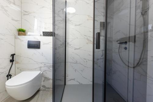 a bathroom with a toilet and a shower at Villa Koludrovac in Kaštela
