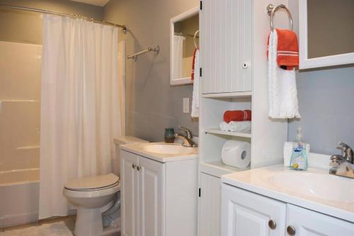 a bathroom with a toilet and a sink and a shower at Secret Cottage 10 min to DT Dogs OK BBQ Parking in Saint Augustine