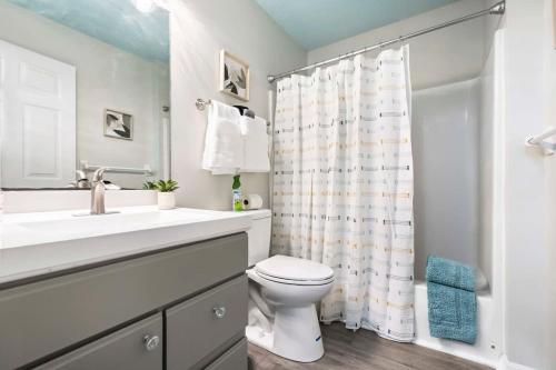 a bathroom with a toilet and a sink and a shower at Uptown Gem The Castaway Cottage, Dog Friendly! in Saint Augustine