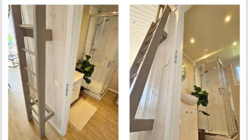 zwei Bilder eines Zimmers mit einem Vorhang und einer Treppe in der Unterkunft Mazury Resort-15 m od jeziora in Makosieje