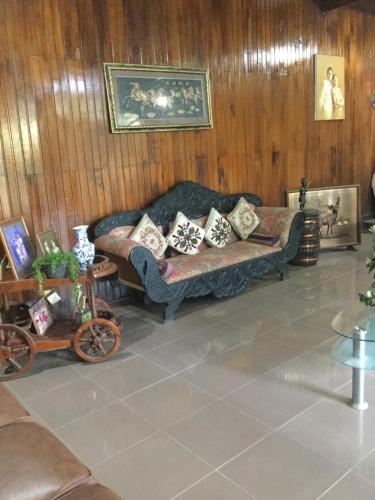 uma sala de estar com um sofá com almofadas em Maliga inn em Gampola