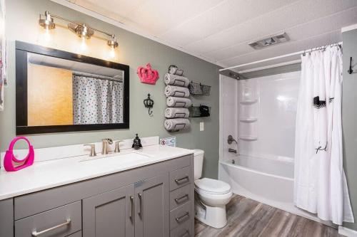een badkamer met een wastafel, een toilet en een bad bij Priscilla's Place on Big Pine Island Lake in Belding