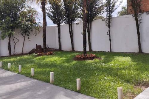 a group of trees in a yard next to a fence at Casa de Festa in Uberaba