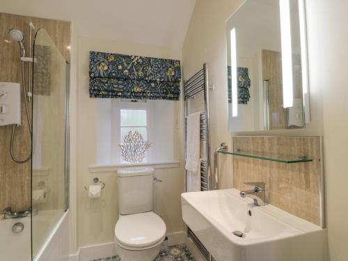 a bathroom with a toilet and a sink and a shower at Beechgrove Cottage - Pitmedden Gardens in Ellon