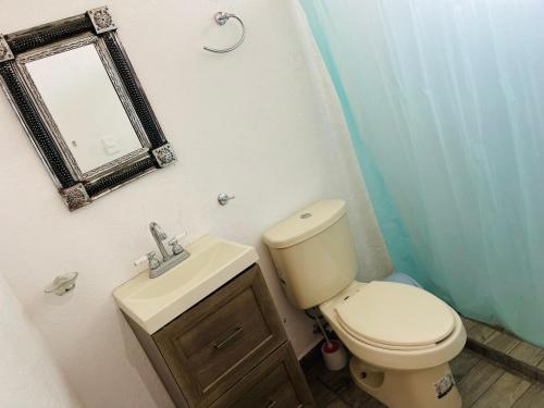 een badkamer met een toilet, een wastafel en een spiegel bij Quinta Tequis San José in La Laja