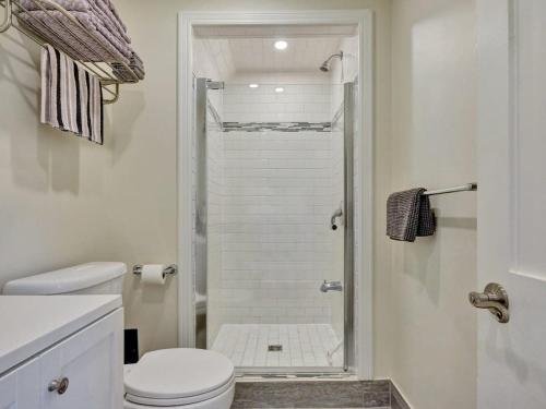 a white bathroom with a toilet and a shower at Wind & Waves - Wellington waterfront with Satellite TV & fire pit in Wellington