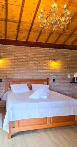 a bedroom with a large bed with a chandelier at POUSADA QUINTAL DAS OLIVEIRAS in Monte Verde