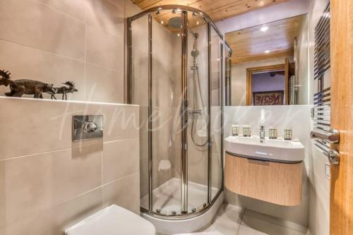 une salle de bain avec une douche, des toilettes et un lavabo dans l'établissement Yupik, à Megève