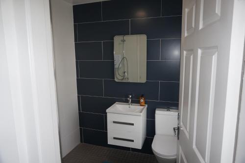 a blue tiled bathroom with a toilet and a sink at 18 Ballybunion Holiday Cottages in Ballybunion