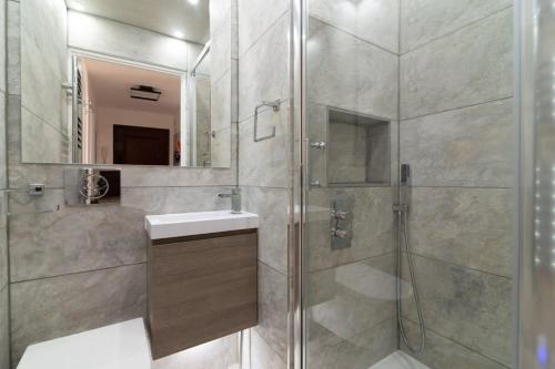 une salle de bain avec une douche, un lavabo et un miroir dans l'établissement A031-Beautiful apt for 6 - Cannes close to the beach, à Cannes