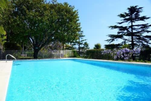 une grande piscine bleue avec des arbres en arrière-plan dans l'établissement A069-Apt in residence with pool and sea view - Cannes, à Cannes