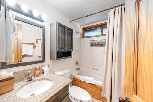 une salle de bain avec un lavabo, des toilettes et une douche dans l'établissement Charming 3BR Cabin Close to Donner Lake, à Soda Springs