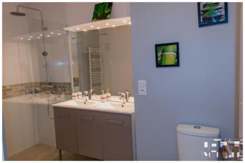 une salle de bain avec un lavabo et un grand miroir dans l'établissement LE MAS AU VILLAGE, à Brouilla