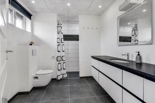 bagno bianco con servizi igienici e lavandino di Private room with shared bathroom in central of billund a Billund