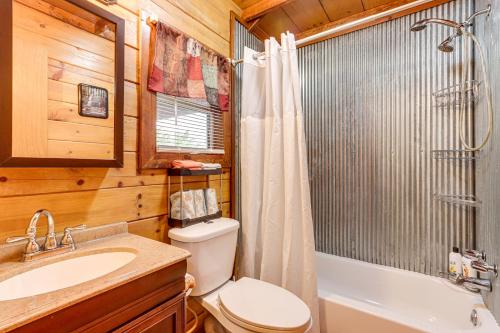 a bathroom with a toilet and a shower and a sink at Cozy Pelsor Cabin with Mountain and Valley Views! 