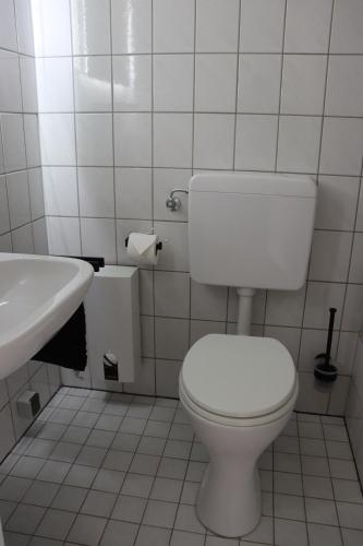 a white bathroom with a toilet and a sink at Direkt am See Winterberg Elkeringhausen in Winterberg