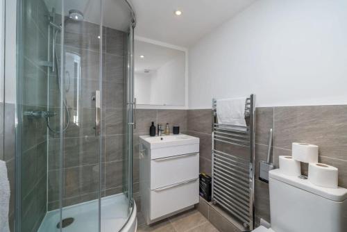 a bathroom with a shower and a toilet and a sink at Chelsea, London - Lovely Studio Apartment in London