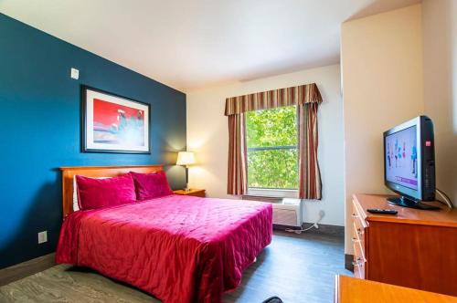 um quarto com uma cama vermelha e uma televisão em Sierra Vista studio apartment with full kitchen and King Bed em Sierra Vista