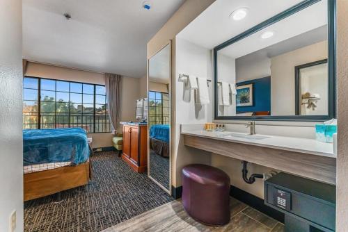 a hotel room with a bed and a sink and a mirror at Tempe Studio Apartment 2 in Tempe